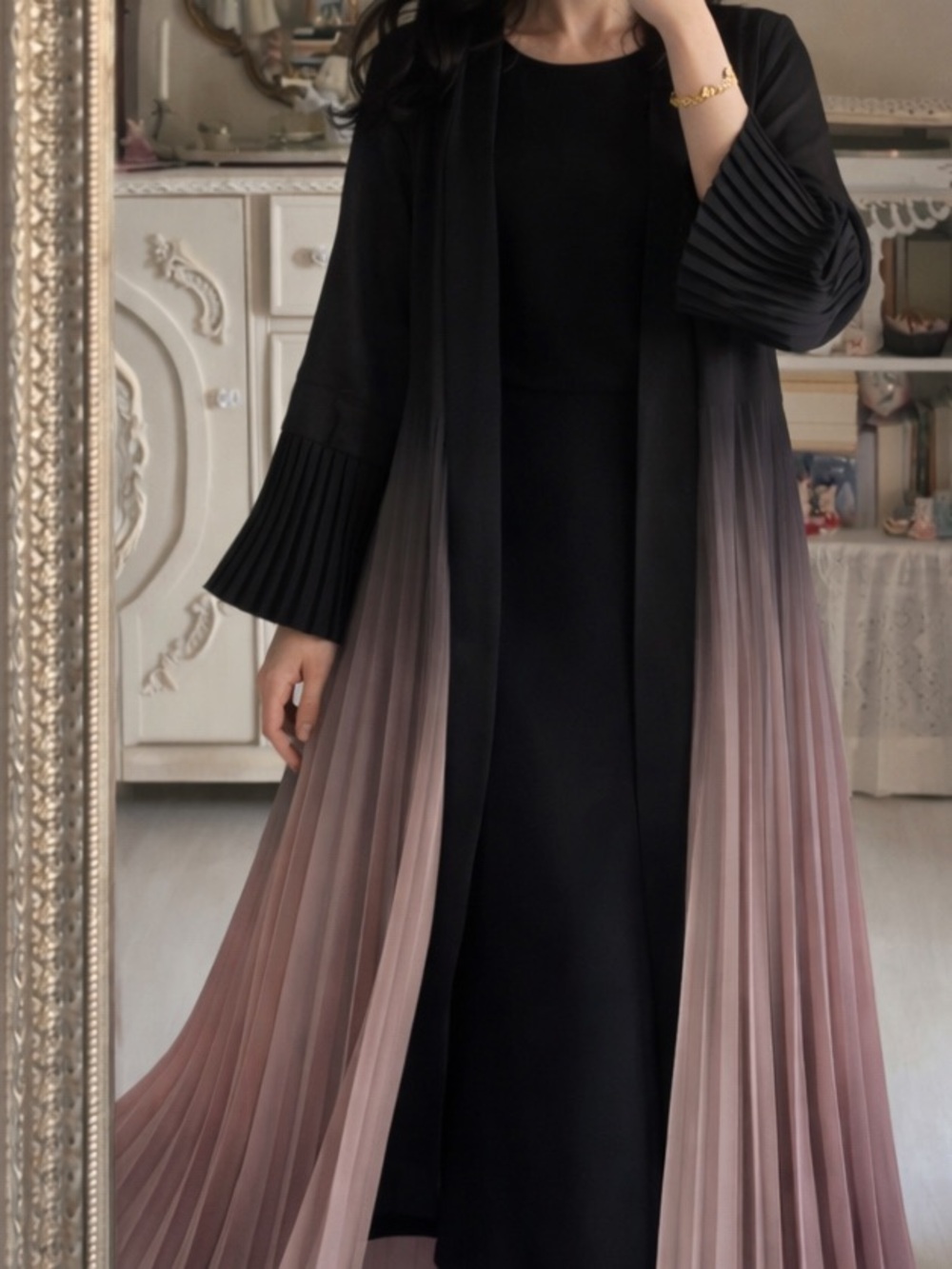 SHEIN Black Open Front Pleated Ombre Cardigan - Black to Mauve